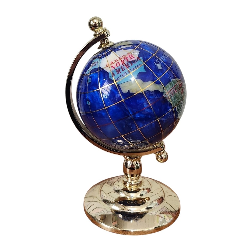 Vintage Miniature Blue Lapis and‎ Semi-Precious Stones, Inlaid World Globe
